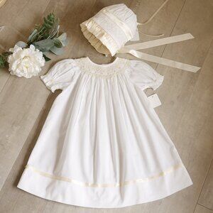Strasburg White Smocked Dress Bishop Pearls & Bonnet RARE FIND Special Occassion